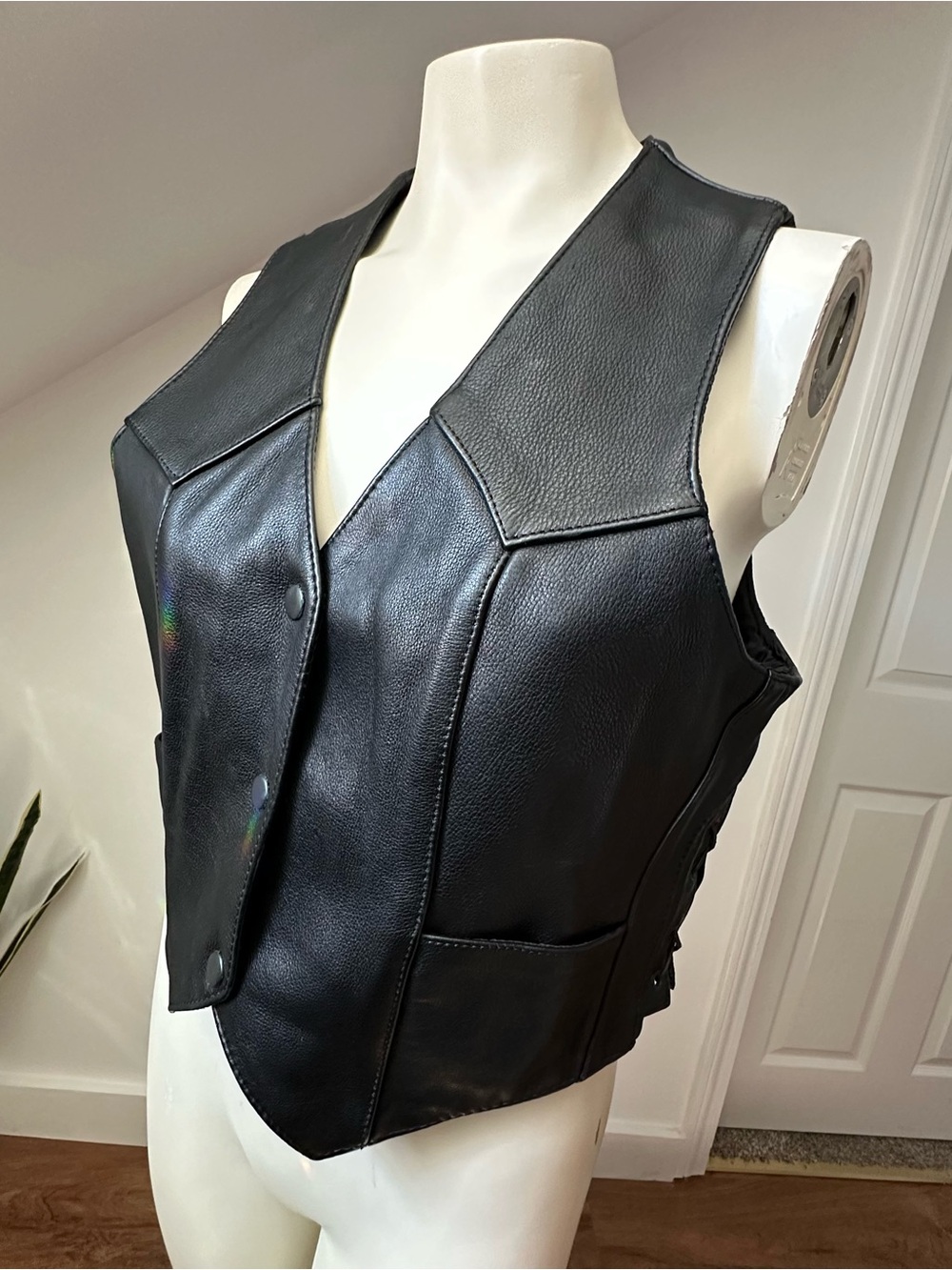 All State Leather Black Leather Vest - Women's Sleeveless Button Front